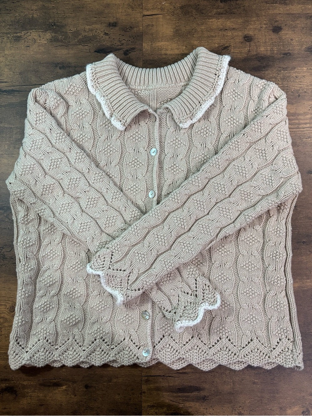 Light Tan Textured Knit Cardigan size L Coastal Grandma Beach Vacation Neutral